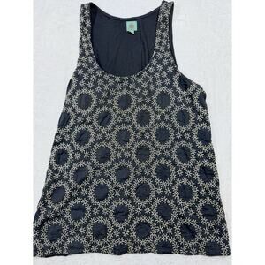 Anthropologie HwR Embroidered Floral Tank L Black Coastal Boho Cottagecore